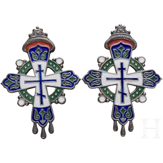 Zwei Abzeichen zum 300-j&auml;hrigen Jubil&auml;um der Romanow-Dynastie, Russland, 20. Jhdt.