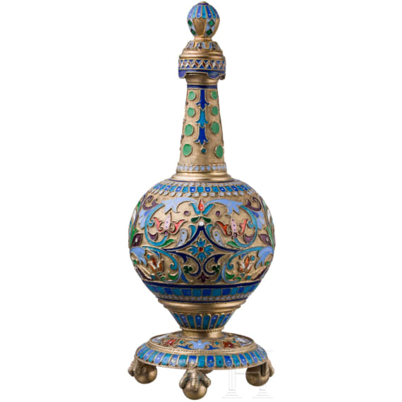 Cloisonn&eacute;-Email-Karaffe mit St&ouml;psel (Flakon), Moskau, Russland, Pawel Owtschinnikow, um 1890