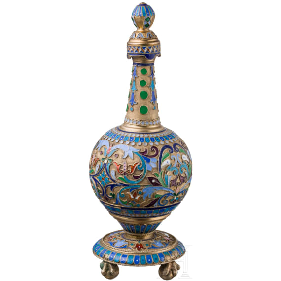 Cloisonn&eacute;-Email-Karaffe mit St&ouml;psel (Flakon), Moskau, Russland, Pawel Owtschinnikow, um 1890