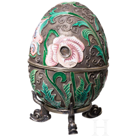 Cloisonn&eacute;-Email-Ei mit St&auml;nder, 2. H&auml;lfte des 20. Jhdts.