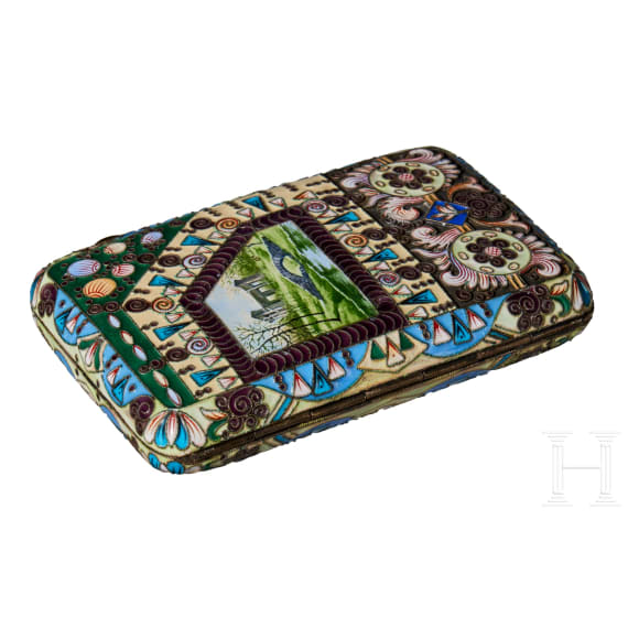 Farbenfrohes Cloisonn&eacute;-Email-Zigarettenetui in der Art von Feodor R&uuml;ckert, 2. H&auml;lfte des 20. Jhdts.