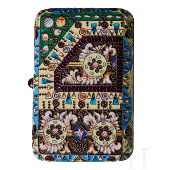 Farbenfrohes Cloisonn&eacute;-Email-Zigarettenetui in der Art von Feodor R&uuml;ckert, 2. H&auml;lfte des 20. Jhdts.
