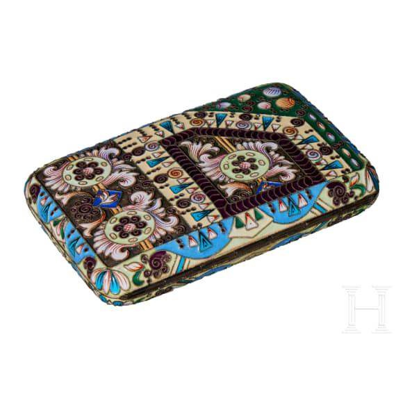 Farbenfrohes Cloisonn&eacute;-Email-Zigarettenetui in der Art von Feodor R&uuml;ckert, 2. H&auml;lfte des 20. Jhdts.