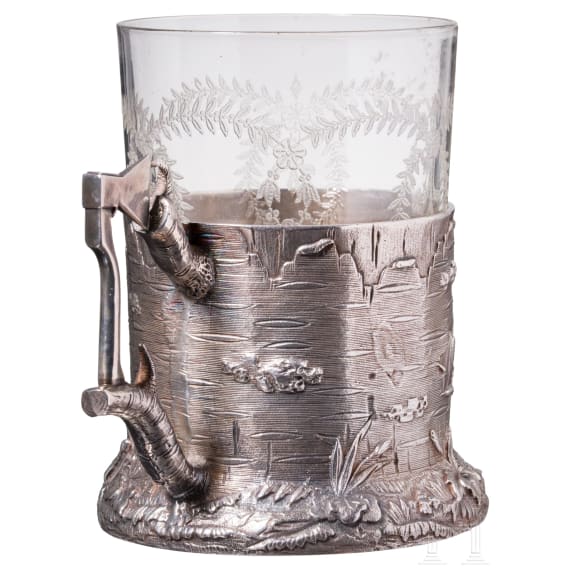 A heavy silver trompe l'oeil tea glass holder, Russia, 20th century