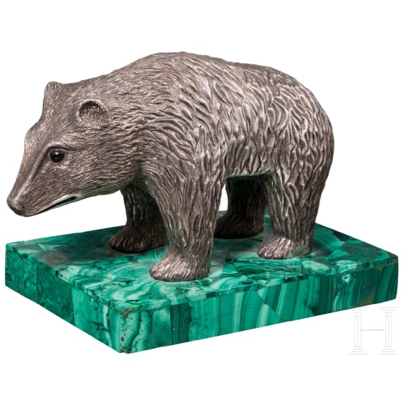 A large silver bear on a malachite-base, 2nd half of the 20th century