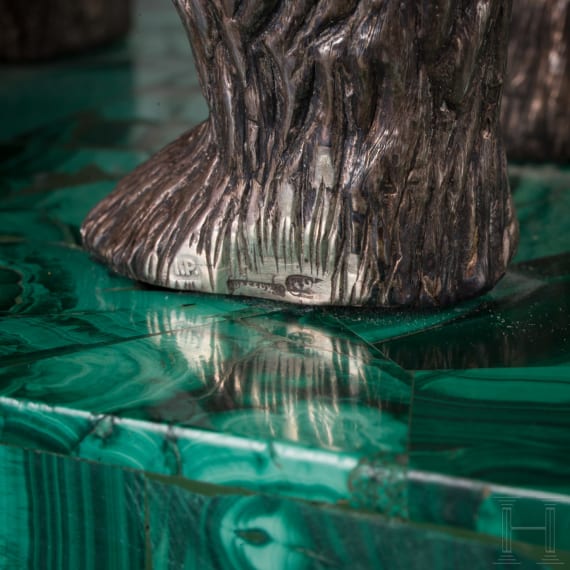 A large silver bear on a malachite-base, 2nd half of the 20th century