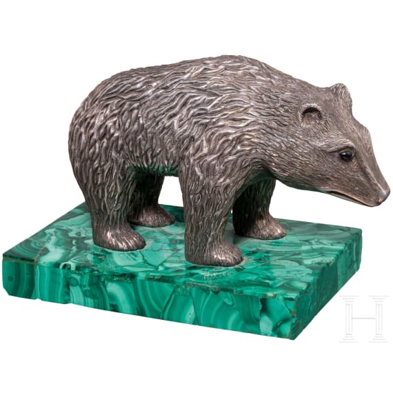 A large silver bear on a malachite-base, 2nd half of the 20th century