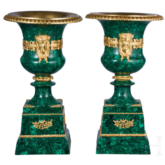 A pair of large, French malachite and ormolu-mounted vases with art nouveau mascarons, 20th century