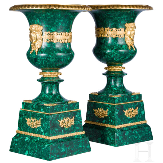 A pair of large, French malachite and ormolu-mounted vases with art nouveau mascarons, 20th century
