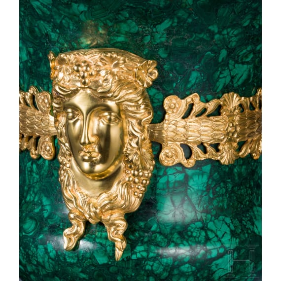 A pair of large, French malachite and ormolu-mounted vases with art nouveau mascarons, 20th century