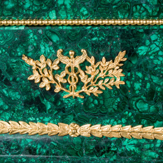 A pair of large, French malachite and ormolu-mounted vases with art nouveau mascarons, 20th century