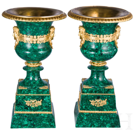 A pair of large, French malachite and ormolu-mounted vases with art nouveau mascarons, 20th century