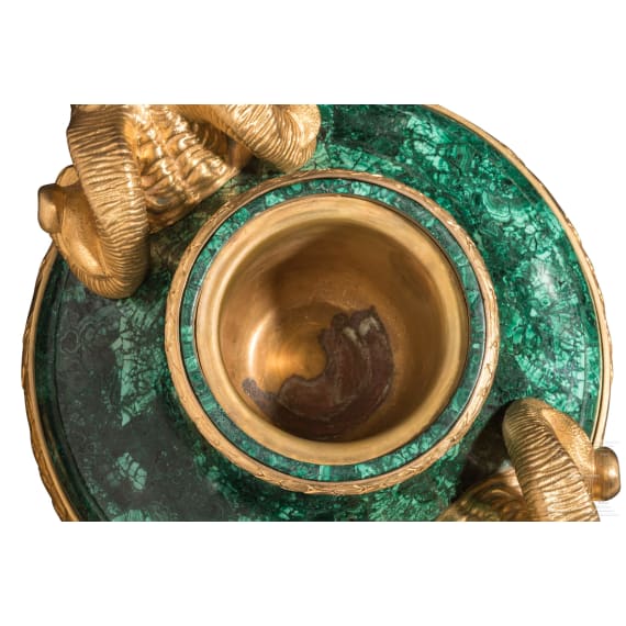 A pair of monumental malachite and ormolu-mounted vases with rams