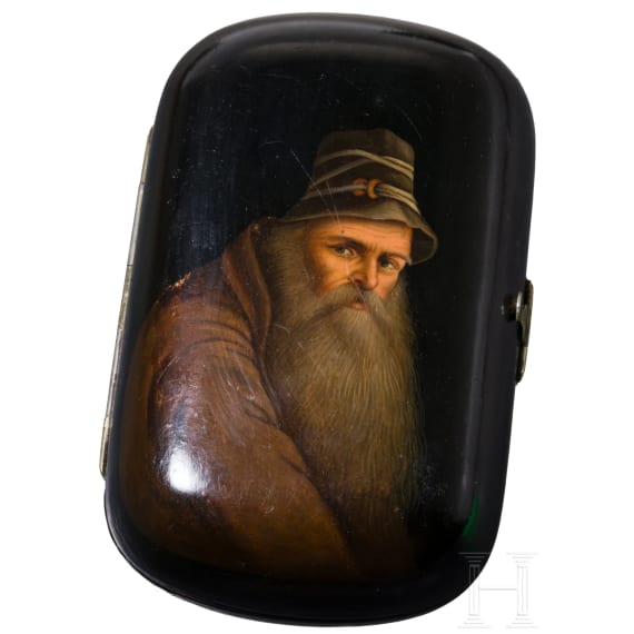 A rare papiermach&eacute; and lacquer box with tortoiseshell imitation painting inside, Russia, Ostashkovo, Osip Vishyakov and Sons factory, 1882 - 1885