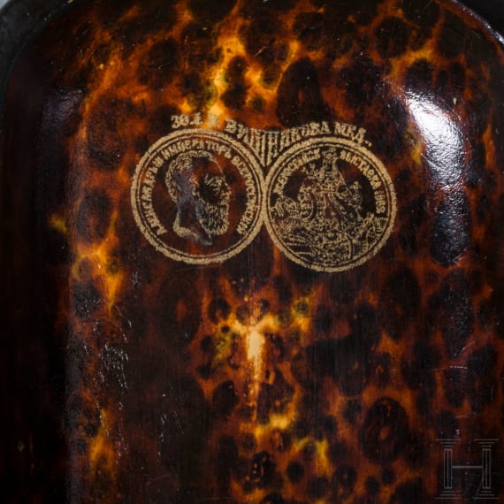 A rare papiermach&eacute; and lacquer box with tortoiseshell imitation painting inside, Russia, Ostashkovo, Osip Vishyakov and Sons factory, 1882 - 1885