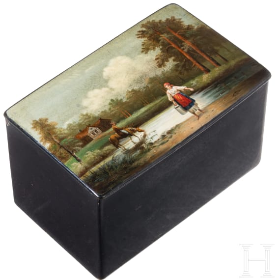 A papiermach&eacute; and lacquer box with female peasant, Russia, Ostashkov, Osip Vishyakov and Sons factory, 1882-1888