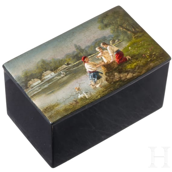 A papiermach&eacute; and lacquer box children at the sea, Russia, probably Ostashkov, Osip Vishyakov and Sons factory, late 19th century