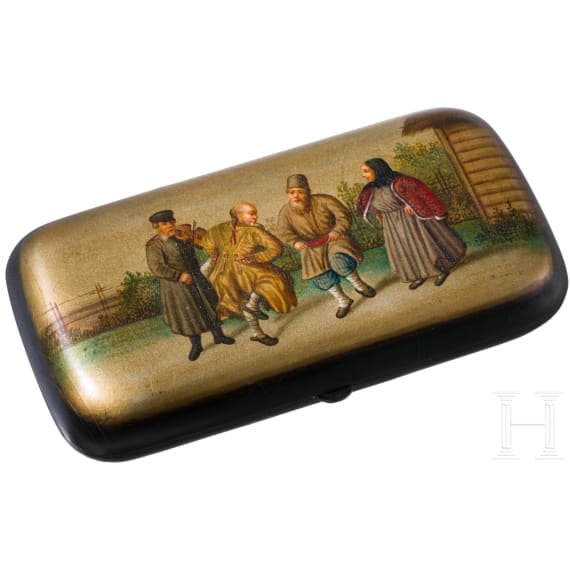 A papierm&acirc;ch&eacute; and lacquer box showing dancing peasants, Russia, Ostashkovo, Osip Vishyakov and Sons factory, 1882 - 1888