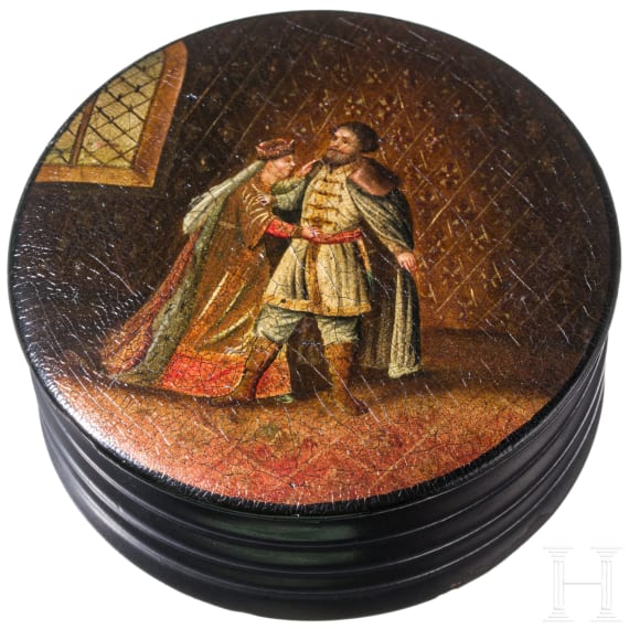 A papier m&acirc;ch&eacute; and lacquer box with couple, Ostashkov, Osip Vishyakov and Sons factory, 1872-88