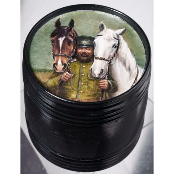 A papierm&acirc;ch&eacute; and lacquer tobacco box "Cavalry Officer Holding Two Horses", Ostashkov, Osip Vishyakov and Sons factory, 1872-88