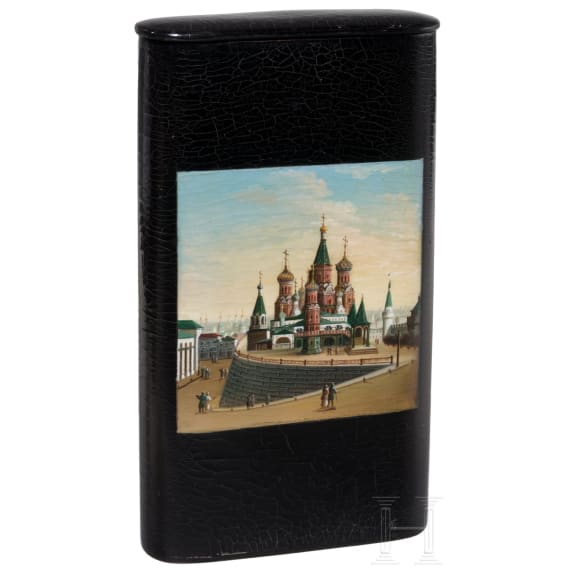 A Russian papierm&acirc;ch&eacute; and lacquer box showing Saint Basil's Cathedral on Red Square of Moscow, Danilovo, Piotr and Aleksandr Lukutin, 1843-55