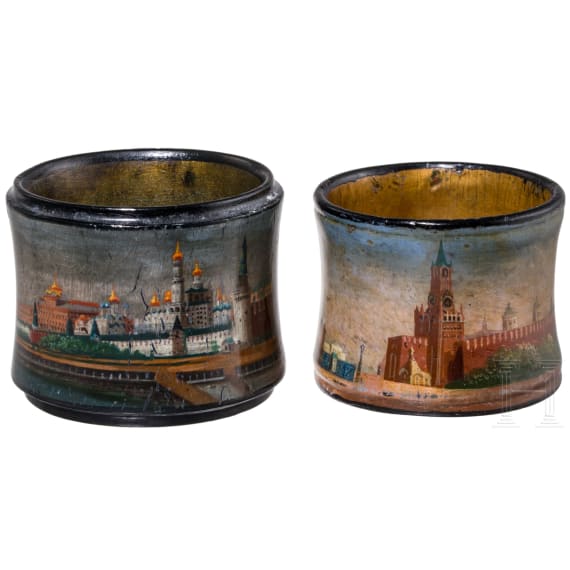 Two Russian papierm&acirc;ch&eacute; and lacquer napkin rings showing Moscow Kremlin and the Red Square, Ostashkovo, Osip Vishyakov and Sons factory, 1882 - 1888