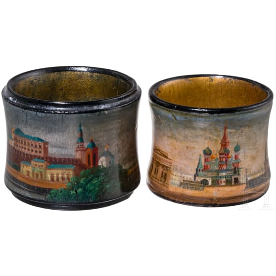 Two Russian papierm&acirc;ch&eacute; and lacquer napkin rings showing Moscow Kremlin and the Red Square, Ostashkovo, Osip Vishyakov and Sons factory, 1882 - 1888