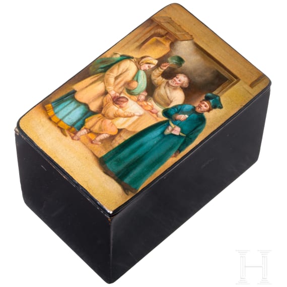 A large papiermach&eacute; and lacquer box with market scene, Russia, Ostashkov, Osip Vishyakov and Sons factory, 1887-1896