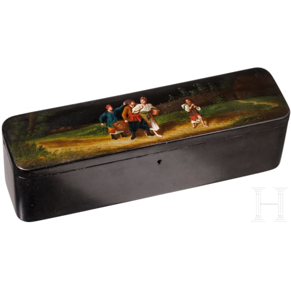 A large Russian papierm&acirc;ch&eacute; and lacquer casket with peasants, Ostashkovo, Osip Vishyakov and Sons factory, 1882 - 1885
