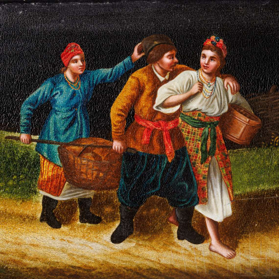 A large Russian papierm&acirc;ch&eacute; and lacquer casket with peasants, Ostashkovo, Osip Vishyakov and Sons factory, 1882 - 1885