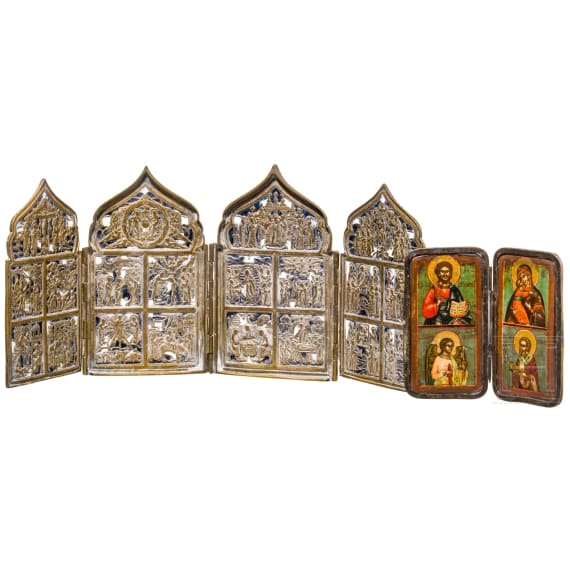 An icon-diptych and a bronze tetraptych, Russia, 19th century