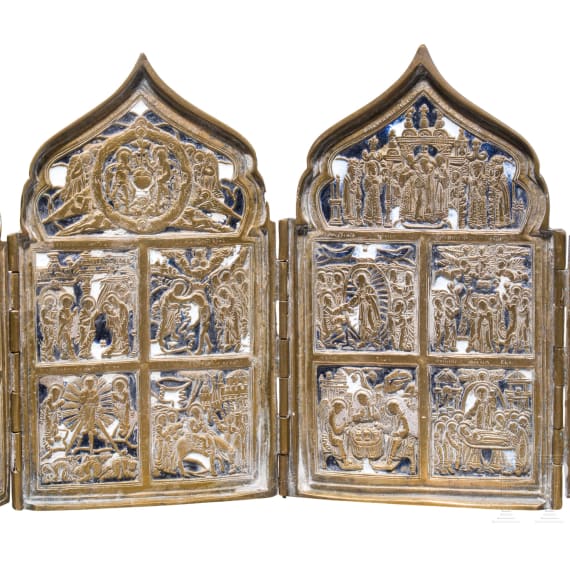 An icon-diptych and a bronze tetraptych, Russia, 19th century