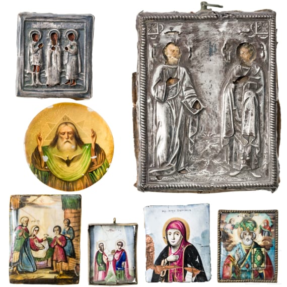 Four finift icons, one small mother of pearl icon with Godfather and two small icons with silver oklad, Russia, late 19th century