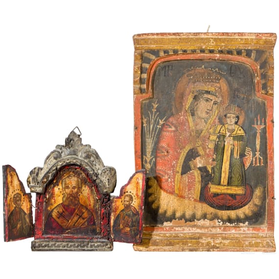 A central panel of a triptych showing the Mother of God "the fading rose", Greece, 18th century / A triptych showing Saints Nicholas, Peter and Paul, modern