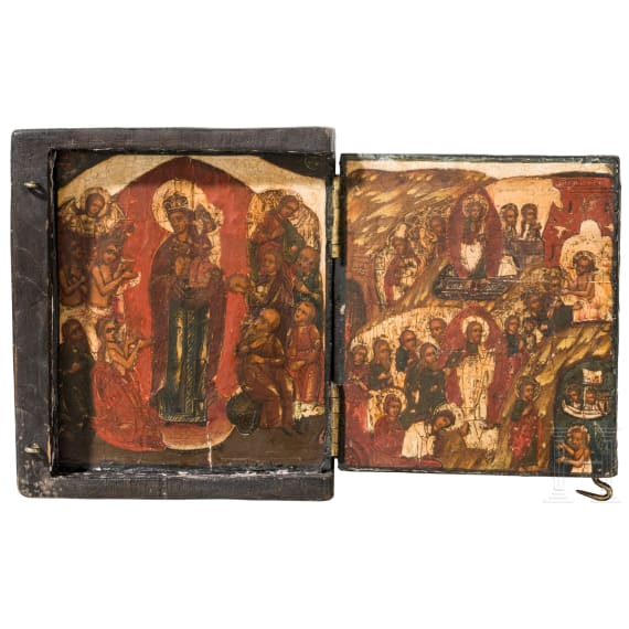 An ico-diptych showing the Mother of God "Joy to all who grieve" and the Anastasis, Russia, circa 1700