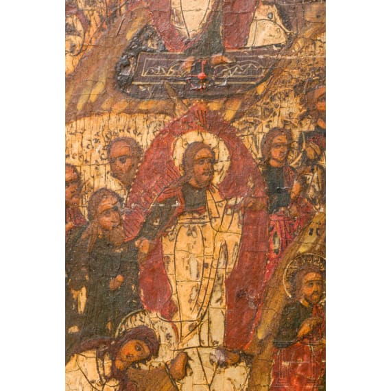 An ico-diptych showing the Mother of God "Joy to all who grieve" and the Anastasis, Russia, circa 1700