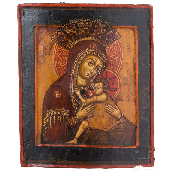 An icon showing the Mother of God Ovsepetaya (the All-praised) with oklad, Russia, 17th century with partial overpaintings, Oklad later