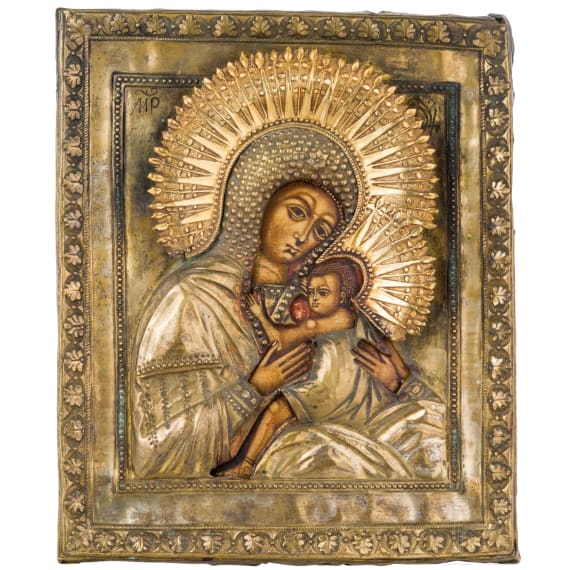 An icon showing the Mother of God Ovsepetaya (the All-praised) with oklad, Russia, 17th century with partial overpaintings, Oklad later