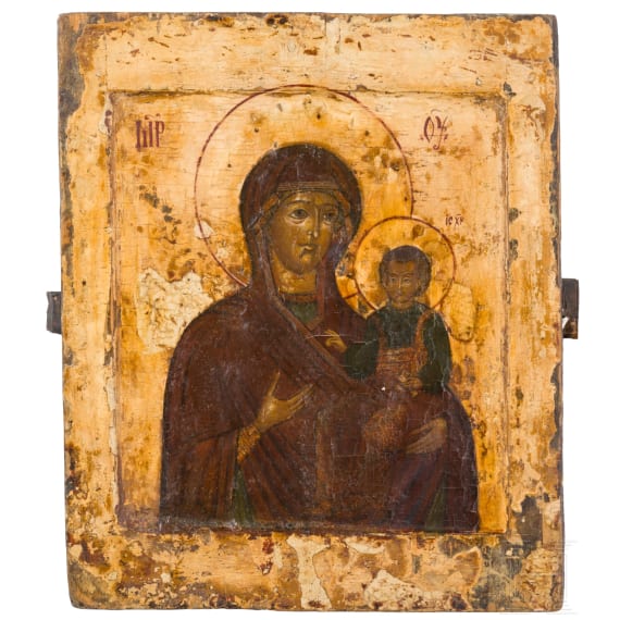 An icon showing the Smolenskaya Mother of God, Russia, circa 1700, with overpaintings