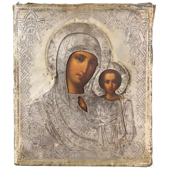 An icon showing the Kazanskaya Mother of God with silver oklad, Russia, 19th century (icon), Moscow, Ivan Zacharov, 1881/82 (oklad)