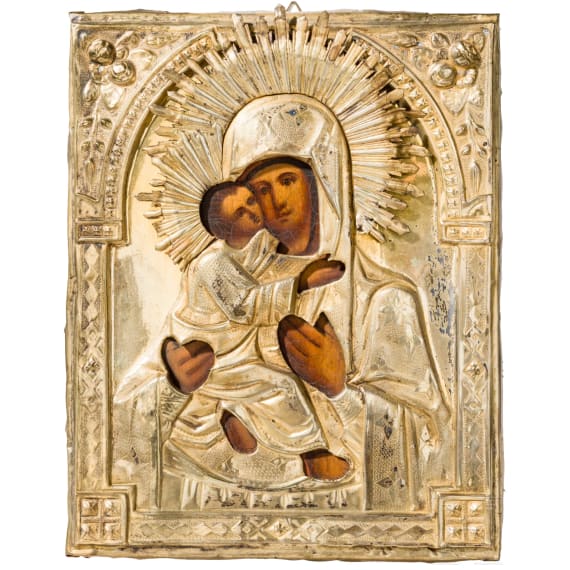 An icon showing the Wladimirskaya Mother of God with oklad, Russia, 19th century