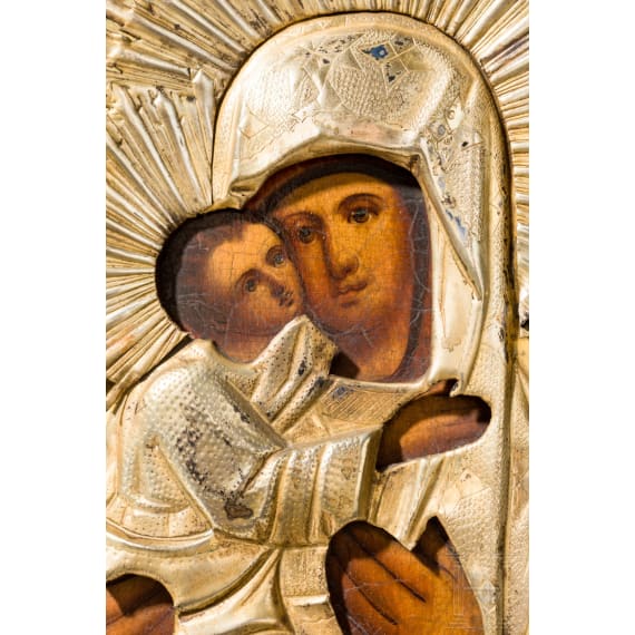 An icon showing the Wladimirskaya Mother of God with oklad, Russia, 19th century