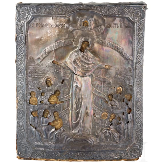 An icon showing the Mother of God "Joy to all who grieve" with silver oklad, Russia, 19th century