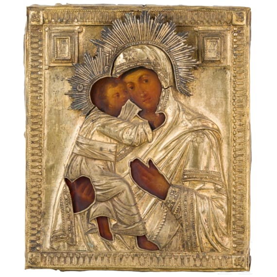 An icon showing the Wladimirskaya Mother of God with oklad, Russia, 19th century