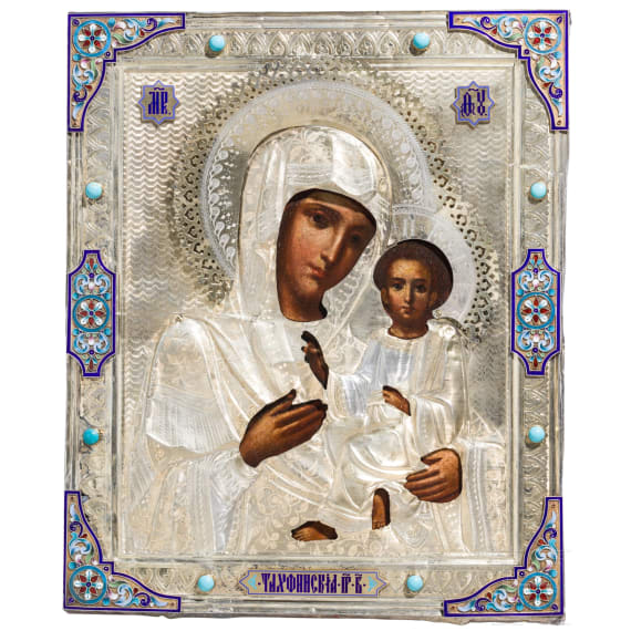 A Russian icon showing the Tikhvinskaya Mother of God with silver-gilt okald with cloisonn&eacute;-enamel, circa 1900 (icon), 1896-1908 (oklad), enamel later