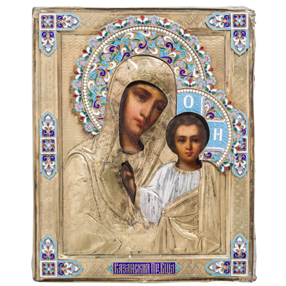 A Russian icon showing the Kazanskaya Mother of God with silver-gilt oklad with cloisonn&eacute;-enamel appliques, late 19th century (icon), Moscow, Ivan Alekseevitch Alekseev (oklad), enamel later