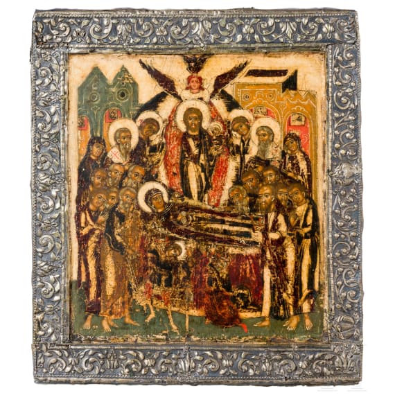 An icon showing the Dormition of the Mother of God with silver basma, Russia, 18th century