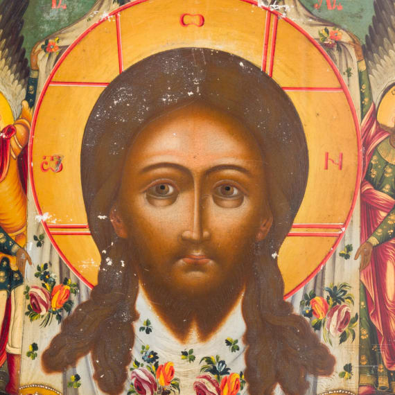 A large and rare icon showing the Mandylion with oklad, Russia, 19th century.