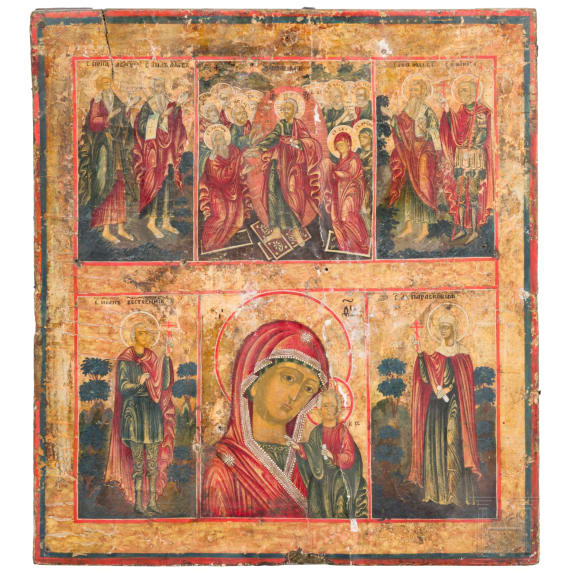 A large six-field icon with Christ's descent into hell and the Kazanskaya Mother of God with silver riza, Russia, 19th century