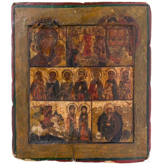 A six-field icon showing several Saints, Russia, circa 1600 (overpaintings)